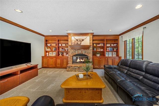 living room featuring a textured ceiling, light colored carpet, built in features, and crown molding