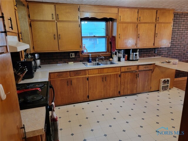 kitchen with electric stove, sink, and brick wall