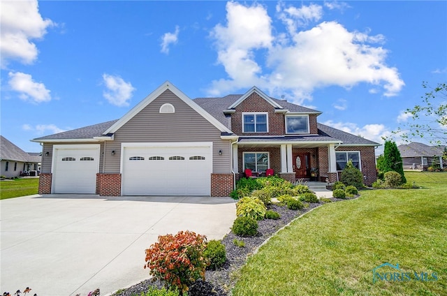 craftsman inspired home featuring a front lawn, a garage, and a porch