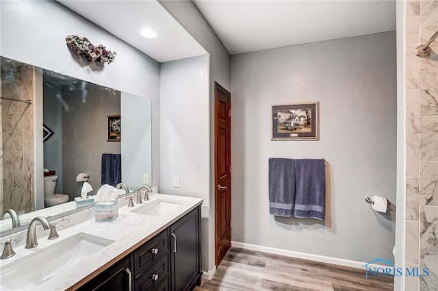 bathroom featuring vanity, toilet, and hardwood / wood-style flooring