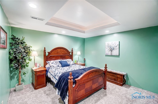 carpeted bedroom with a raised ceiling