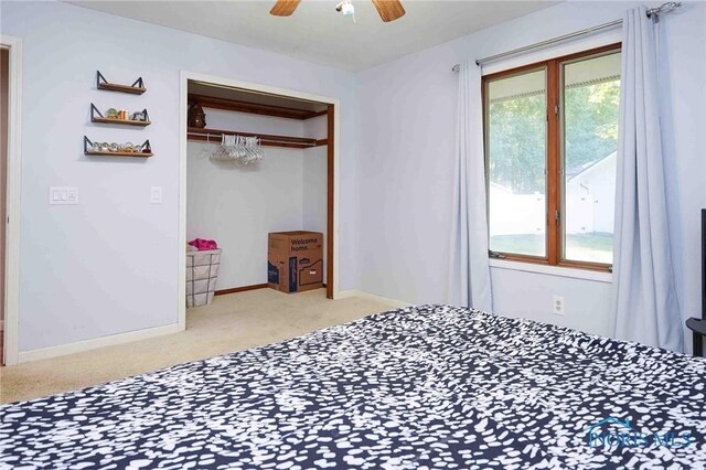 carpeted bedroom with multiple windows, ceiling fan, and a closet