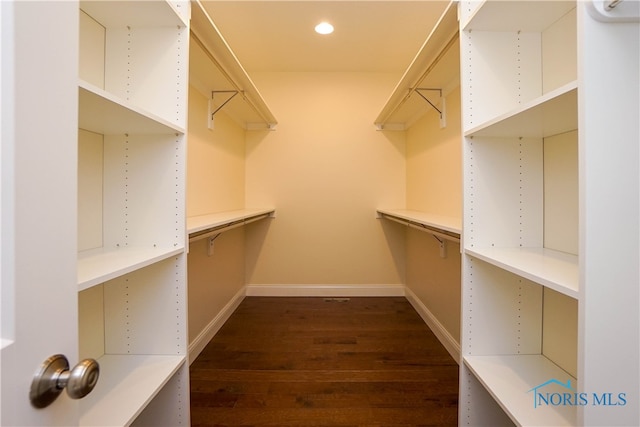 spacious closet with dark wood-type flooring