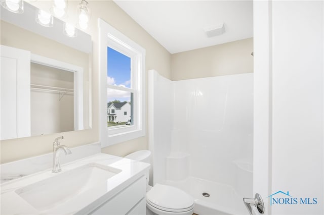 bathroom with a shower, vanity, and toilet