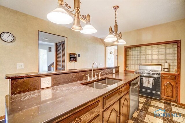 9740 Maumee Western Rd, Monclova, OH 43542 - kitchen with decorative light fixtures, dishwasher, a sink, brown cabinets, and gas stove