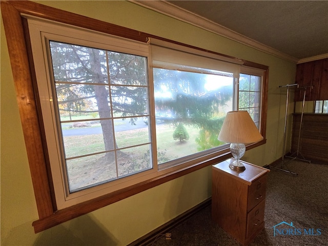 details with crown molding and carpet