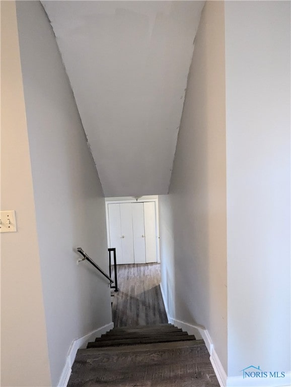 stairway featuring lofted ceiling and wood-type flooring