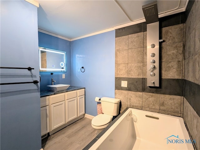 bathroom featuring toilet, hardwood / wood-style floors, vanity, and a tub