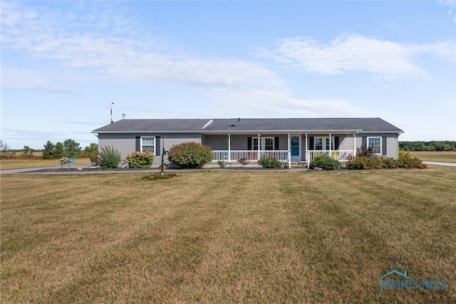 single story home featuring a front lawn and covered porch