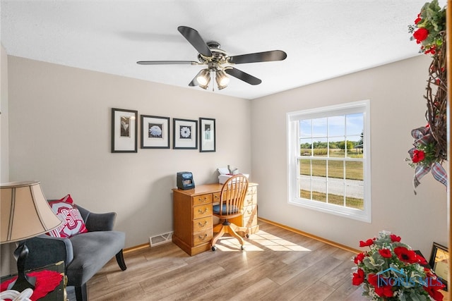 office featuring ceiling fan and light hardwood / wood-style flooring