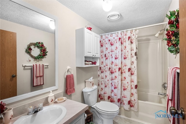 full bathroom with a textured ceiling, vanity, toilet, and shower / tub combo with curtain