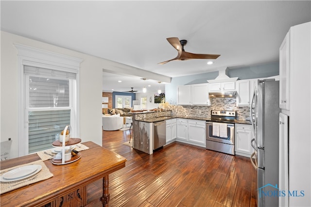 kitchen featuring ceiling fan, kitchen peninsula, white cabinetry, appliances with stainless steel finishes, and dark hardwood / wood-style flooring