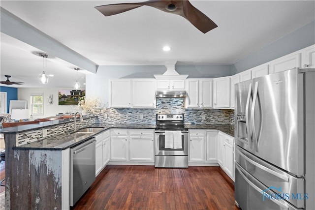 kitchen featuring appliances with stainless steel finishes, white cabinetry, kitchen peninsula, ceiling fan, and dark hardwood / wood-style floors