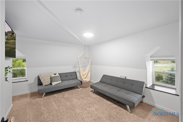 sitting room with carpet flooring and vaulted ceiling