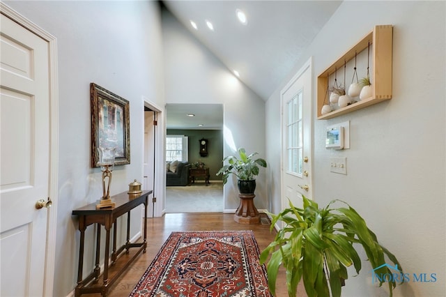 entrance foyer with lofted ceiling and dark hardwood / wood-style flooring