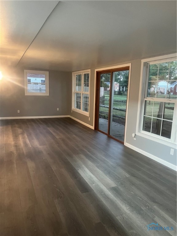 empty room featuring plenty of natural light and dark wood-type flooring