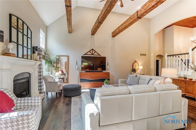 living room featuring high vaulted ceiling, hardwood / wood-style floors, beam ceiling, and ceiling fan