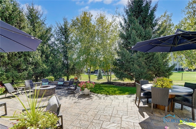 view of patio / terrace featuring a fire pit