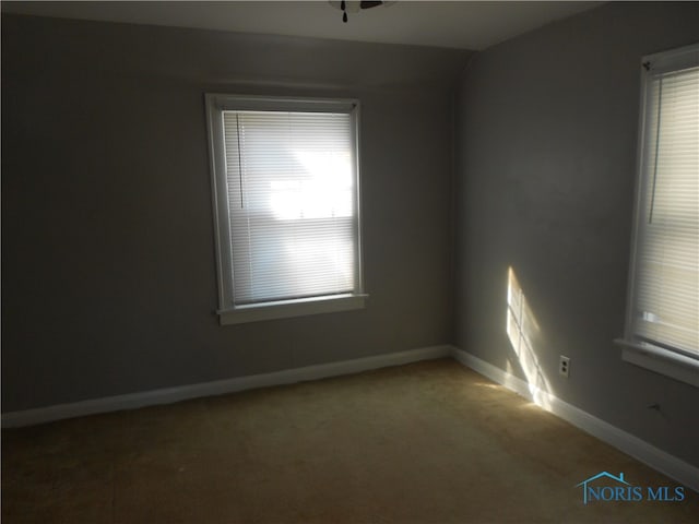 empty room featuring vaulted ceiling and carpet flooring