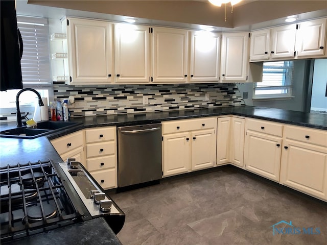 kitchen featuring stainless steel dishwasher, white cabinetry, sink, and tasteful backsplash