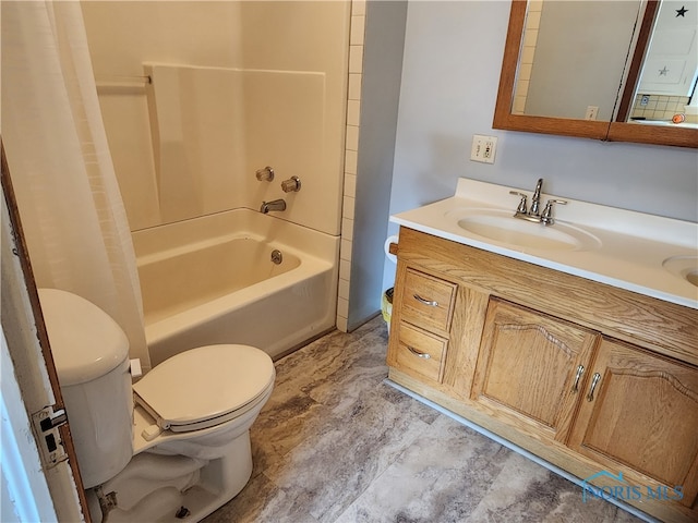 full bathroom featuring shower / washtub combination, vanity, and toilet