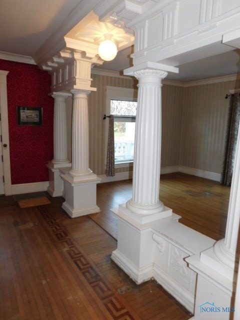 mudroom with ornamental molding, decorative columns, and dark hardwood / wood-style floors