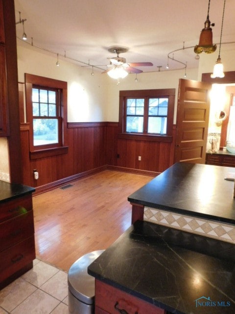 kitchen featuring light hardwood / wood-style floors, ceiling fan, and decorative light fixtures