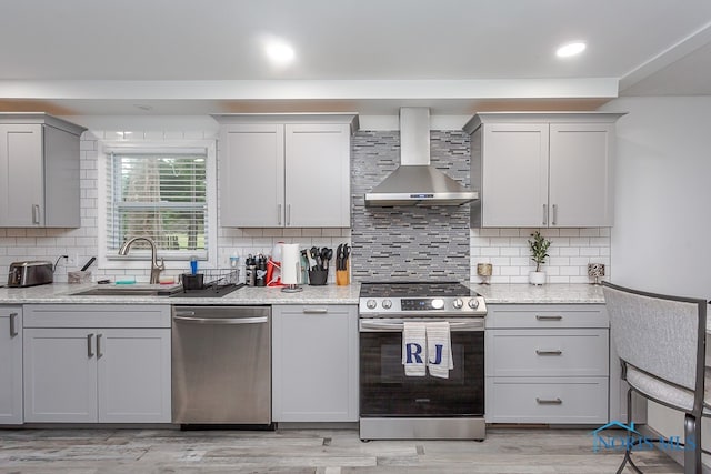 kitchen with sink, backsplash, wall chimney range hood, appliances with stainless steel finishes, and light hardwood / wood-style floors