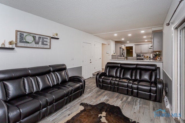 living room with a textured ceiling and hardwood / wood-style floors