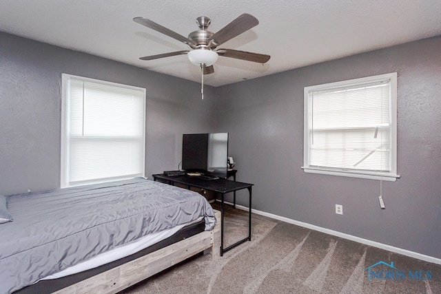 carpeted bedroom with ceiling fan and multiple windows