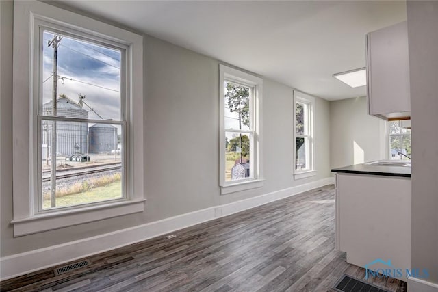 interior space featuring a sink, dark wood-style floors, baseboards, and visible vents
