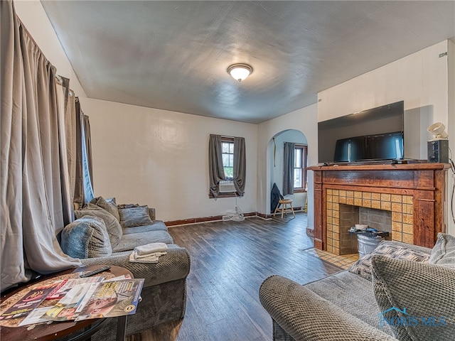 living room with a fireplace and dark wood-type flooring