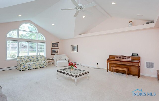 carpeted living room featuring high vaulted ceiling, a baseboard heating unit, and ceiling fan