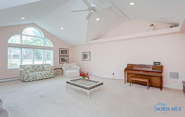 living room with recessed lighting, ceiling fan, visible vents, and light colored carpet