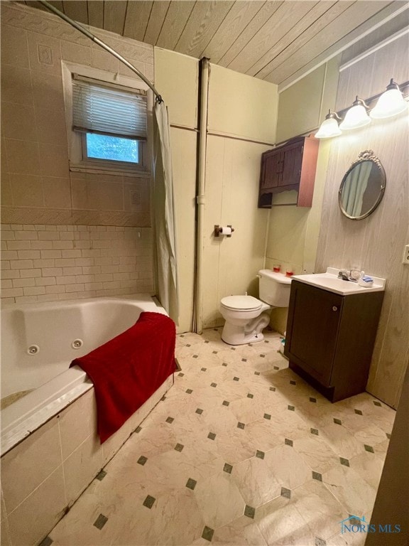 full bathroom featuring wooden ceiling, toilet, vanity, and tiled shower / bath combo