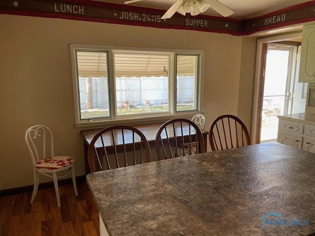 dining room featuring dark wood-type flooring and ceiling fan