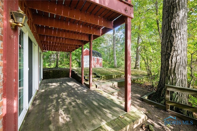 view of patio / terrace with a shed