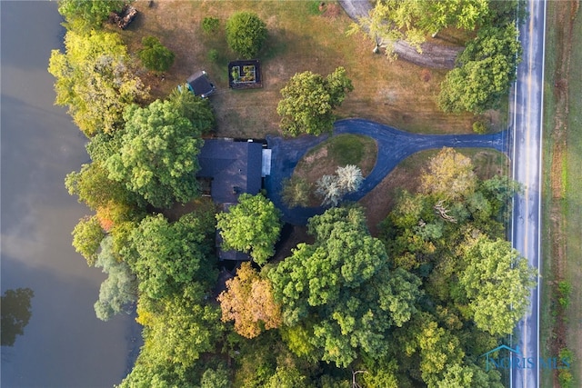 drone / aerial view with a water view