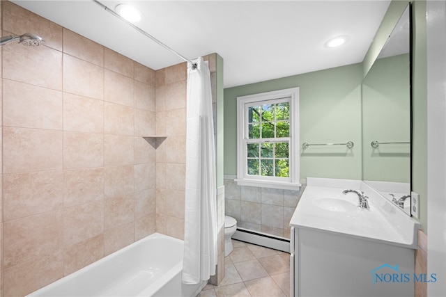 full bathroom with vanity, toilet, shower / bath combo, a baseboard radiator, and tile patterned flooring