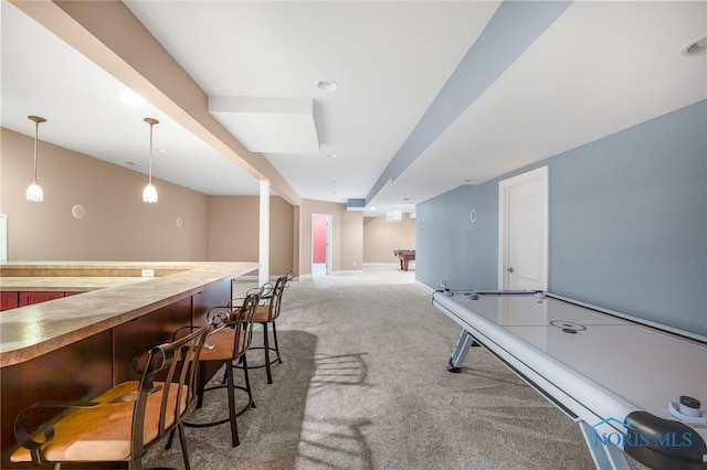 bar featuring carpet floors, billiards, and hanging light fixtures