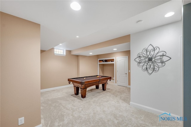 playroom with light colored carpet and pool table