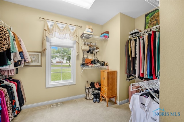 walk in closet with light carpet