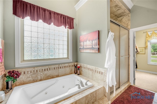 bathroom featuring shower with separate bathtub, crown molding, and vaulted ceiling