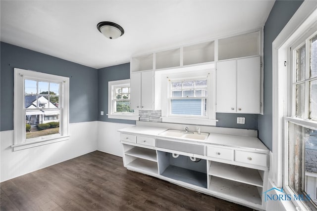 kitchen featuring dark hardwood / wood-style floors, sink, and white cabinets