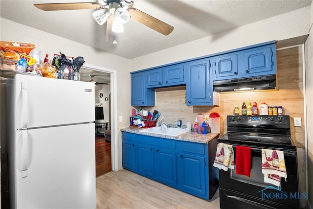 kitchen featuring white refrigerator, light hardwood / wood-style flooring, black electric range oven, blue cabinets, and ceiling fan