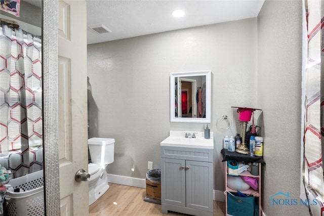 bathroom with wood-type flooring, vanity, and toilet