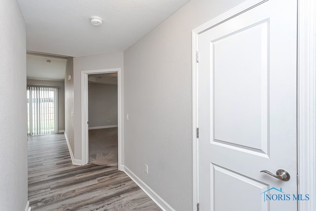 hall featuring a textured ceiling and hardwood / wood-style flooring