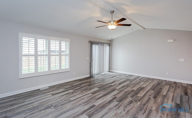 empty room featuring vaulted ceiling with beams, ceiling fan, and dark hardwood / wood-style flooring