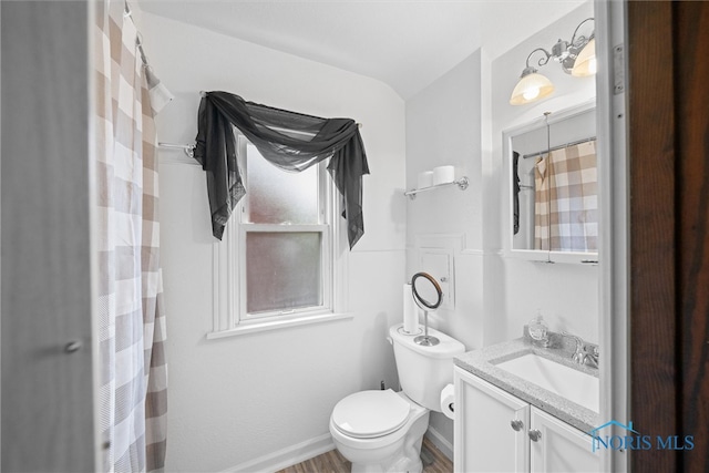 bathroom featuring hardwood / wood-style floors, vanity, toilet, and a shower with shower curtain