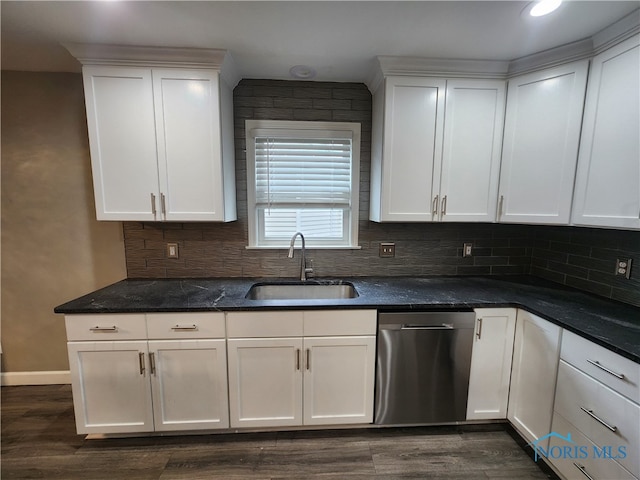 kitchen featuring white cabinets, dishwasher, dark hardwood / wood-style floors, and sink